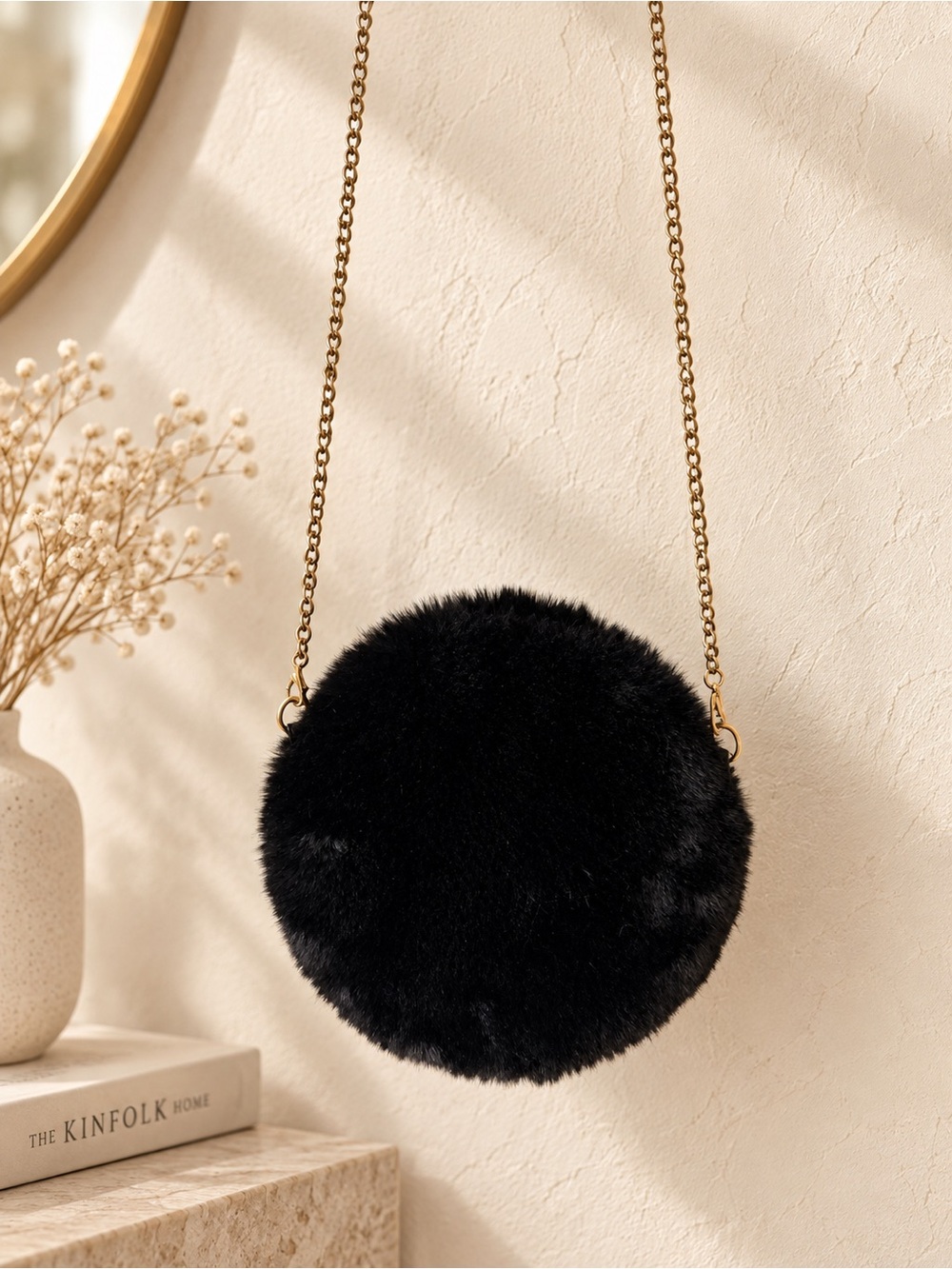 Forever 21 Black Faux Fur Canteen Crossbody Bag Gold Chain 90s Y2K